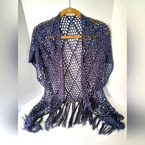 Navy Blue Crochet Summer Beach Cover Boho Fringe Wrap OS